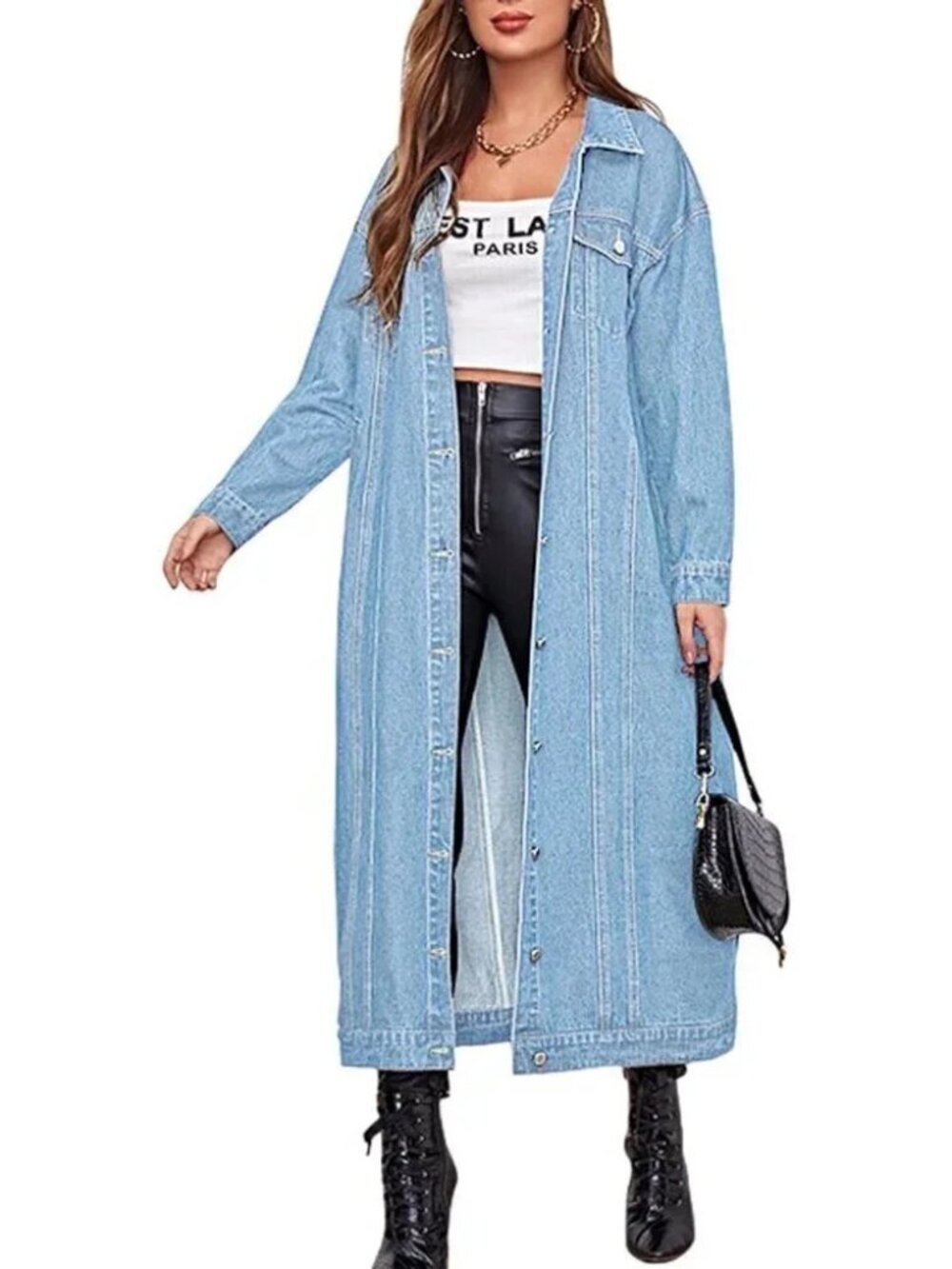 Women's Fashion Spring Button Down Midi Long Denim Jean Jacket Trench Coat-Blue